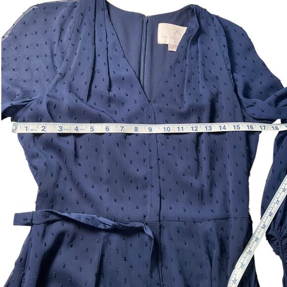 Gal Meets Glam Size 4 Navy Swiss Dot Belted Midi Sheer Elegant Old Money Classic - Picture 5 of 11